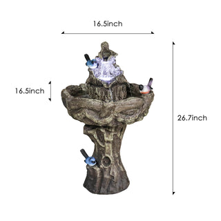 ZEN Flowing Fountain Rustic Birdbith Water Fountain with LED Lights - 26.7-inch Tall Water Features with Bird Decor for Garden