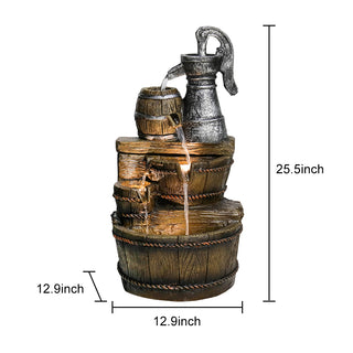 ZEN Flowing Fountain 25.5-inch Tall Barrel 5-Tiered Cascading Outdoor Water Fountain with LED Lights Size