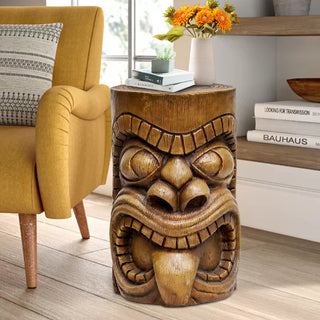 ZEN Flowing Fountain 19.6-inch Tall Grande Tiki God Kanaloa Teeth Indoor Ornamental Outdoor Concrete Stool End Table