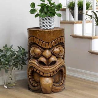 ZEN Flowing Fountain 19.6-inch Tall Grande Tiki God Kanaloa Teeth Indoor Ornamental Outdoor Concrete Stool End Table