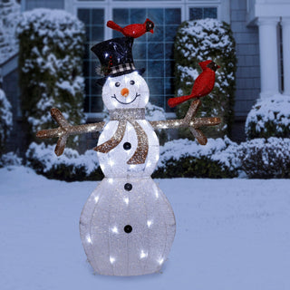 White Mesh Snowman w/Birds and 100 Cool White LED Lights