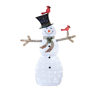 White Mesh Snowman w/Birds and 100 Cool White LED Lights