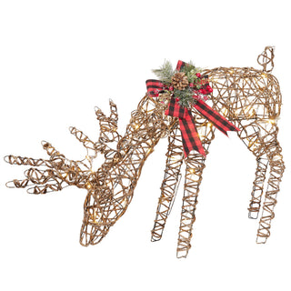 Rattan Grazing Reindeer w/ Bow, Greenery and LED Lights Décor