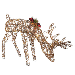 Rattan Grazing Reindeer w/ Bow, Greenery and LED Lights Décor