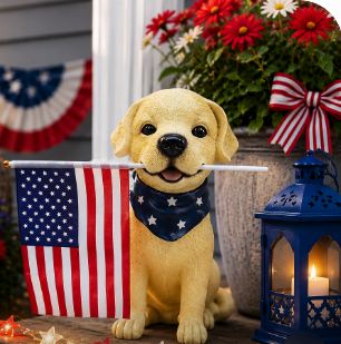 Patriotic Dog Statuary with Flag