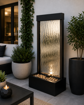 Silver Mirror Fountain w/Decorative Stones & LED Light