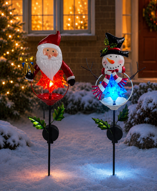 Solar Santa, Snowman Stake w/Color Changing LED