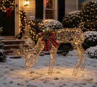 Rattan Grazing Reindeer w/ Bow, Greenery and LED Lights Décor