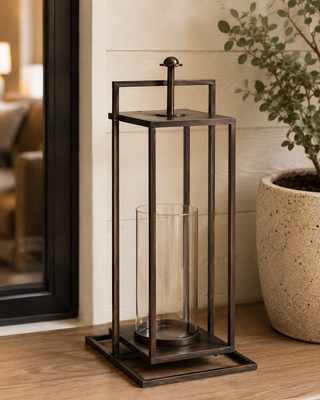 Small Bronze Rectangular Lantern with Glass Candle Holder