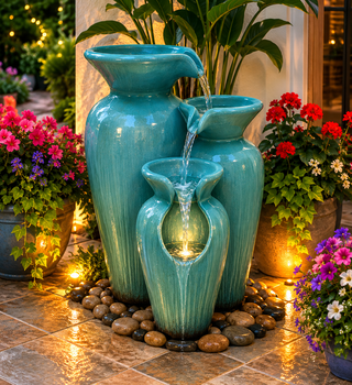 3-Tier Rustic Turquoise Ceramic-Look Jars Fountain