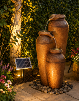 Solar Brown Cascading Vase Fountain w/ Cool White LED Lights