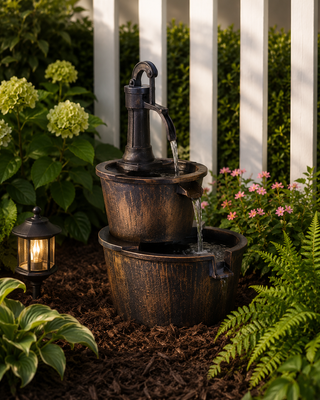 Two Tier Barrel & Pump Bronze Fountain