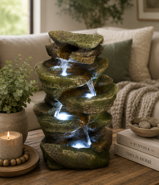 Multi-Level Tabletop Rock Fountain with LED Lights