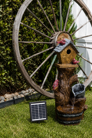 Solar Cardinal Birdhouse Cascading Barrel Fountain