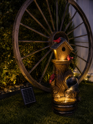 Solar Cardinal Birdhouse Cascading Barrel Fountain
