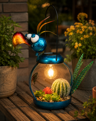 Solar Metal Silly Blue Bird with Garden and LED Decor