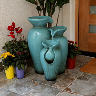 3-Tier Rustic Turquoise Ceramic-Look Jars Fountain