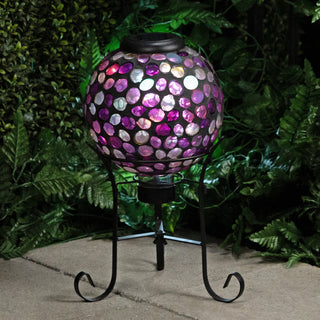 Solar Iridescent Pink Mosaic Gazing Globe with Metal Stand