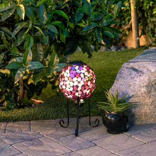 Solar Iridescent Pink Mosaic Gazing Globe with Metal Stand