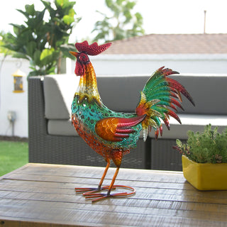 Glossy Metal Rooster Décor with Dark Red Tail