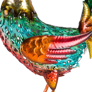 Glossy Metal Rooster Décor with Dark Red Tail