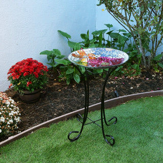 18" Floral Metallic Mosaic Glass Birdbath with Metal Stand