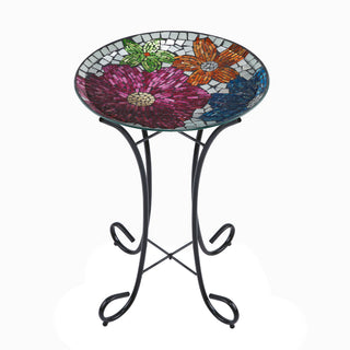 18" Floral Metallic Mosaic Glass Birdbath with Metal Stand