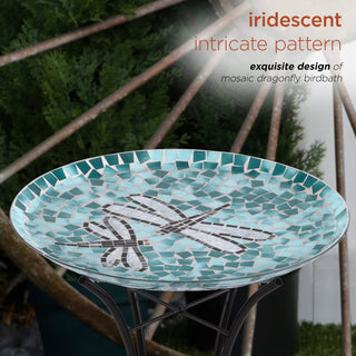 18" Dragonfly Duo Mosaic Glass Birdbath with Metal Stand