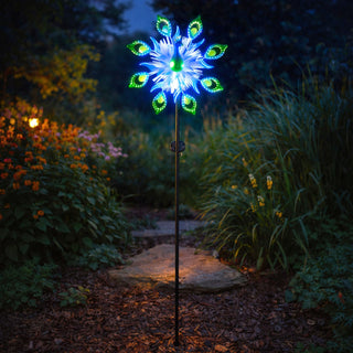 Solar Metal Peacock Spinner Stake w/ Fiber Optic Light