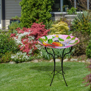 Glass Birdbath w/ Flowers & Butterfly w/ Metal Stand