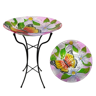 Glass Birdbath w/ Flowers & Butterfly w/ Metal Stand