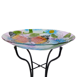 Glass Birdbath w/ Flowers & Butterfly w/ Metal Stand