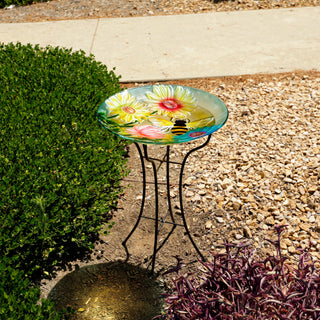 Glass Birdbath w/ Flowers & Bee w/ Metal Stand