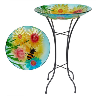 Glass Birdbath w/ Flowers & Bee w/ Metal Stand