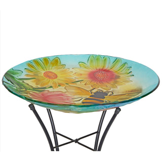 Glass Birdbath w/ Flowers & Bee w/ Metal Stand
