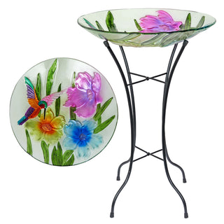 Glass Floral Hummingbird Birdbath with Metal Stand