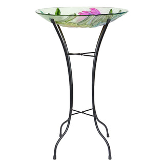 Glass Floral Hummingbird Birdbath with Metal Stand