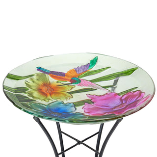 Glass Floral Hummingbird Birdbath with Metal Stand
