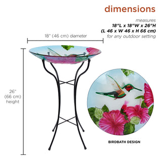 18" Glass Birdbath w/Red Flowers & Hummingbird w/ Metal Stand