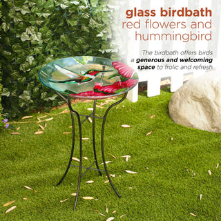 18" Glass Birdbath w/Red Flowers & Hummingbird w/ Metal Stand