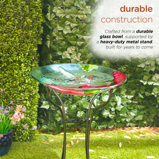 18" Glass Birdbath w/Red Flowers & Hummingbird w/ Metal Stand