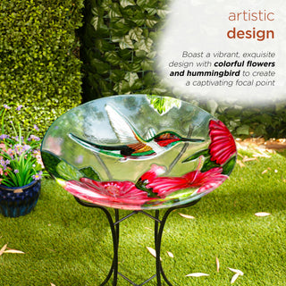 18" Glass Birdbath w/Red Flowers & Hummingbird w/ Metal Stand