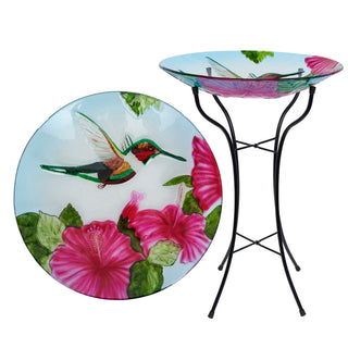 18" Glass Birdbath w/Red Flowers & Hummingbird w/ Metal Stand