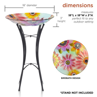18" Glass Birdbath with Colorful Flowers Paint Finish