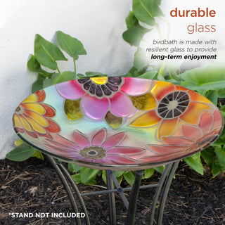 18" Glass Birdbath with Colorful Flowers Paint Finish
