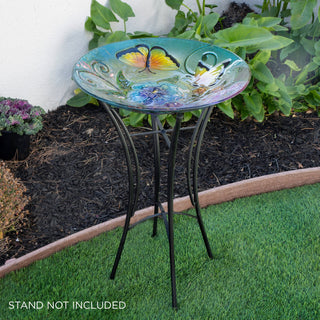 Glass Birdbath with Butterfly and Flowers Painted Finish