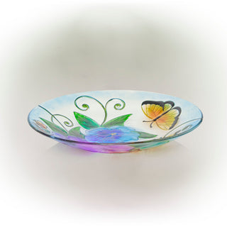 Glass Birdbath with Butterfly and Flowers Painted Finish