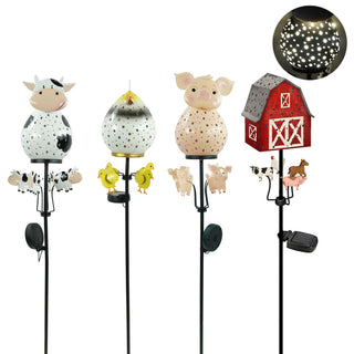 Metal Chicken/Cow/Pig/Barn Solar Stake Spinner with Light