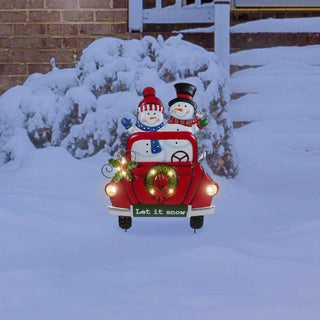 Solar Christmas Car w/Snowman  Metal Yard Sign Stake