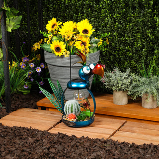 Solar Metal Silly Blue Bird with Garden and LED Decor
